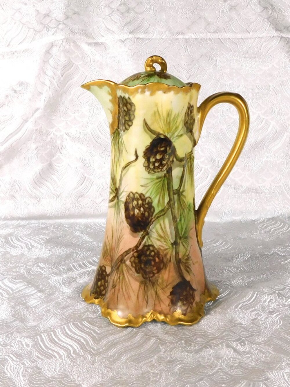 Antique Signed Haviland Chocolate Pot with Pine Cones # 27595